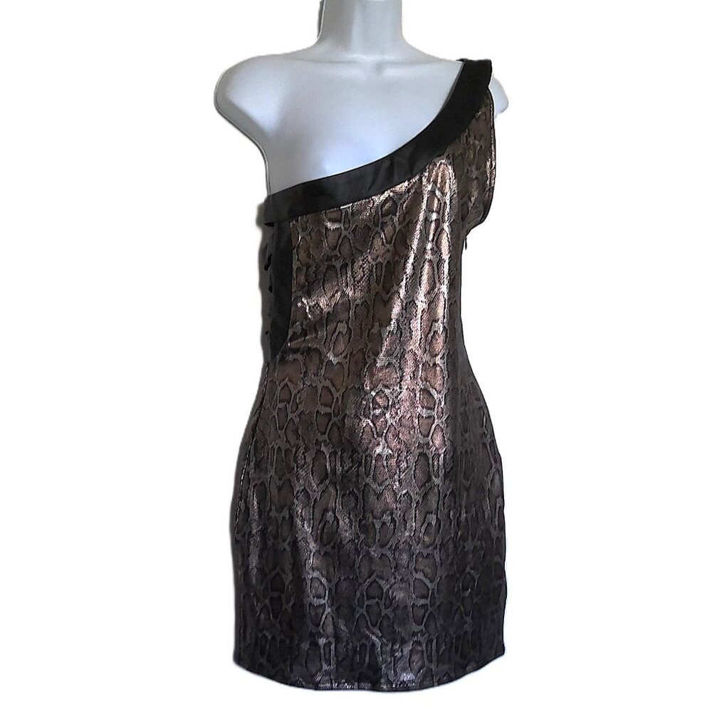 2B bebe Dress Metallic Snakeskin Print Stretch One Shoulder Party EUC Sz L